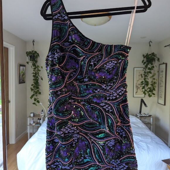 NWT Make a Statement Black Sequin One-Shoulder Bodycon Mini Dress - Picture 4 of 9